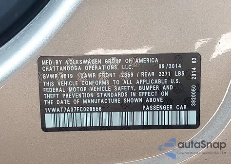 2015 Volkswagen Passat 1.8T S z USA, uszkodzony, nr VIN 1VWAT7A37FC028556